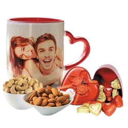 Beautiful Personalized Photo Mug n Heart Chocolates with Dry Fruits to Rajamundri