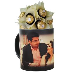 Striking Ferrero Rocher Bouquet in Personalized Photo Magic Mug to Alwaye
