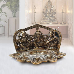 Attractive Metallic Diya with Ganesh, Lakshmi N Saraswati Idol
