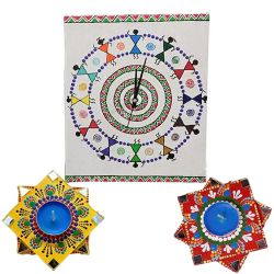 Impressive Handmade Warli Art Wall Clock with Twin Dot Mandala Art Diya to Hariyana