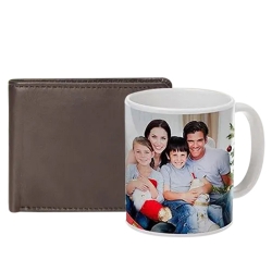 Magnificent Personalized Photo Coffee Mug with Rich Borns Brown Leather Wallet for Men