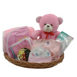 Wonderful Gift Basket for Baby Girl with Simpkins Candies Tin N Teddy Bear