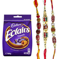 Attractive 3 Rakhis with Cadbury Eclairs Chocolate Bag to Rakhi-to-world-wide.asp
