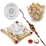 Beautiful Rakhi Along With Silver Pooja Thali, Pistachio And Burfi