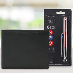 Admirable Parker Beta Ball Pen with a Leather Wallet for Men to Alwaye