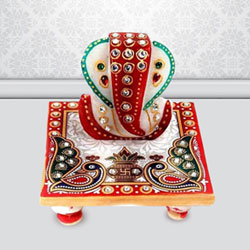 Exclusive Marble Ganesh Chowki with Peacock Design