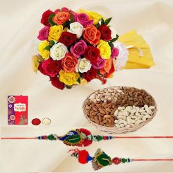 Fancy Bhaiya Bhabhi Rakhi Set with Dry Fruits n Mixed Roses Bouquet to Rajamundri
