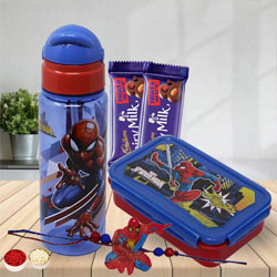 Fabulous Spiderman Rakhi with Chocolate, Tiffin Box N Bottle Set to Hariyana