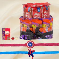 Fancy Captain America n Spiderman Rakhi with 2 Tier Chocolate Arrangement to Lakshadweep