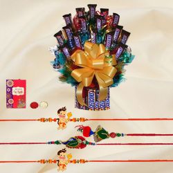 Gaudy Family Rakhi Set with Tower Arrangement of Imported Snickers to Lakshadweep