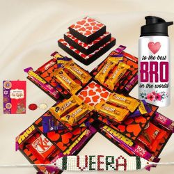 Trendy 3 Layer Chocolate Explosion Box N Personalized Bro Sipper with Veera Rakhi to Hariyana