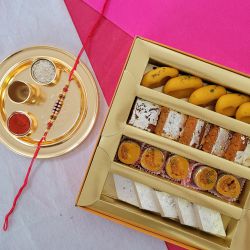 Delightful Stone Rakhi  N  Assorted Sweets with Golden Rakhi Thali