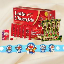 Doraemon Rakhi with Safari Chocolate and Lotte Chocopie