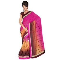 Admirable Pink, Chrome and Brown in Colour Gorgettee Printted Saree