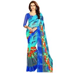 Beautiful Chiffon Printed Sari for Ladies in Gorgeous Blue Color to Tirur