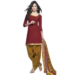 Magnificent Cotton Printed Patiala Suit Coloured in Red and Yellow to India