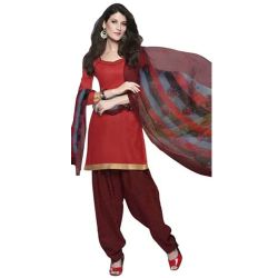 Attractively Coloured in Red and Maroon Cotton Printed Patiala Suit to India