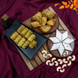 Tasty Roll Baklawa with Haldiram Kaju Barfi n Mini Samosa to Hariyana