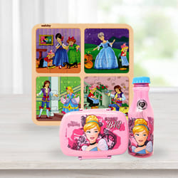 Exclusive Disney Cinderella Lunch Box n Water Bottle with Wooden Puzzle Combo to Lakshadweep