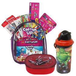 Remarkable Trio of Water Bottle with Lunch Box N Coloring Set for Kids to Rajamundri