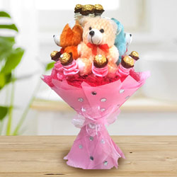 Marvelous Teddy Bouquet with Ferrero Rocher Chocolate to Sivaganga
