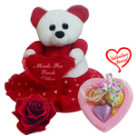 Remarkable Teddy Bear with Soul Satisfying Love with 3 pcs Heart Homemade Chocolate to Chittaurgarh