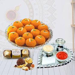 Attractive Combo of Ladoo with Ferrero Rocher N Pooja Thali to Alwaye