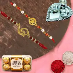 Ferrero Rocher with Silver Plated Pooja Thali with Twin Rakhi to Uk-rakhi-hampers.asp