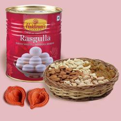 Finest Selection of Dry Fruits in Bag, Rasgulla n Diya Pair to Usa-diwali-sweets.asp