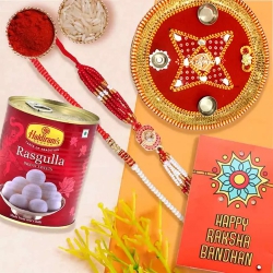 Exclusive Rakhi Set of 2 with Haldiram Rasgulla n Puja Thali to Usa-rakhi-sweets.asp