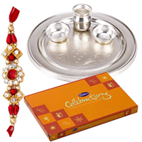 Silver plated thali with Cadbury Celebration Pack and Rakhi to Rakhi-to-world-wide.asp