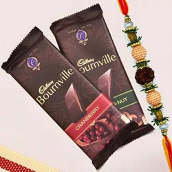 Rudraksha Rakhi with 2 pcs Cadbury Bournville Chocolates to Rakhi-to-world-wide.asp