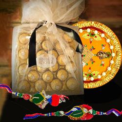 Attractive Lumba Rakhi Set with Ferrero Rocher n Rakhi Thali to Rakhi-to-world-wide.asp