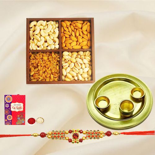 Special Gold Plated Thali with Dry Fruits and Rakhi to World-wide-rakhi-thali.asp