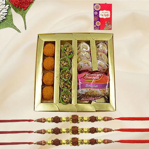 Pristine Rudrakhsha Rakhi with Sweets to Rakhi-to-world-wide.asp