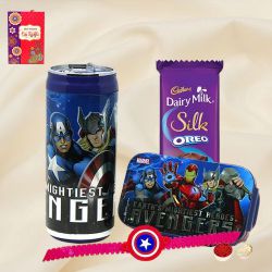 Dashing Captain America Rakhi, Chocolate, Marvel Lunch Box N Sipper Bottle to Rakhi-to-world-wide.asp