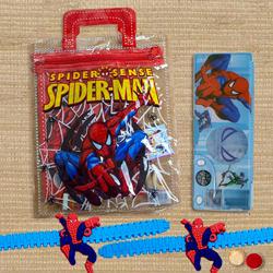 Spiderman Stationery Set with Pencil Box and Rakhi for Kids to World-wide-rakhi-for-kids.asp