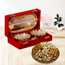 Designer Silver Bowl Gift Set with Crunchy Dry Fruits to World-wide-gifts-for-sister.asp