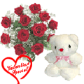 Exclusive Red Dutch Roses Bunch with a small teddy bear to Sivaganga