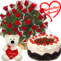 25 Red Roses with 1 Lbs. Black Forest Cake and a Teddy Bear