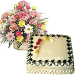 Special Gift Hamper containing mixed flowers Basket and 1lb Cake