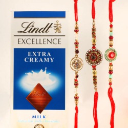 Impressive Set of 3 Rakhis N Lindt Chocolate, Card, Free Roli Chawal to Rakhi-to-australia.asp