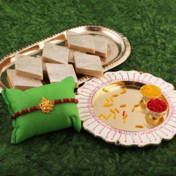 Decorative Thali N Kaju Katli with Rakhi, Free Roli Chawal N Card to Australia-rakhi-sweets.asp
