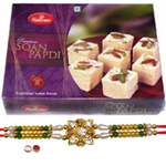 Beatific Rakhi With Haldiram Soan Papdi to Rakhi-to-canada.asp