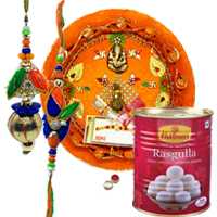 Graceful Bhaiya Bhabhi Rakhi Set With Pooja Thali And Haldiram Rasgulla