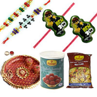 Mesmerizing Combo Of Fetching Bhaiya Rakhi, Kids Rakhi, Haldirams Mixture, Gulab Jamun and Pooja Thali to Rakhi-to-canada.asp