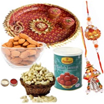 Captivating Combo Of Bhaiya Rakhi With Pooja Thali, Almond, Cashew And Haldiram Gulab Jamun to Rakhi-to-canada.asp