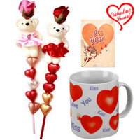 Valentines Day Special Pair of Teddy N Heart Shape Handmade Chocolates in a stick with a Love Mug and Free I Love You Card