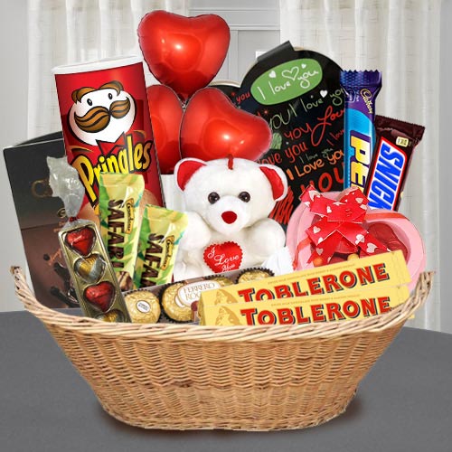 Tasty Chocolate Gift Basket with Teddy N Balloons to Sivaganga