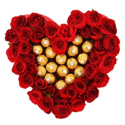 Heart Shaped Ferrero Rocher n Red Roses Arrangement to Punalur